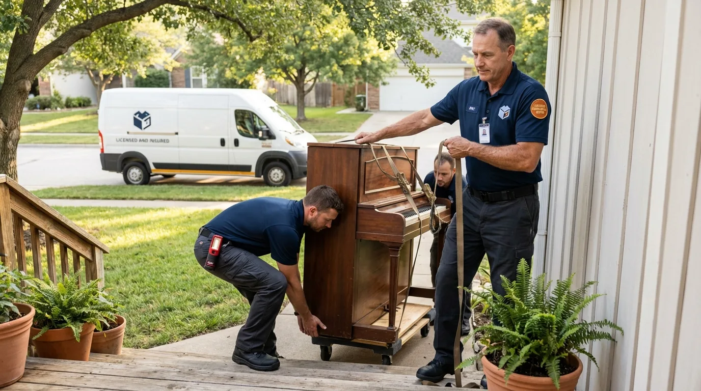 Licensed piano movers securing grand piano in Sykesville, PA