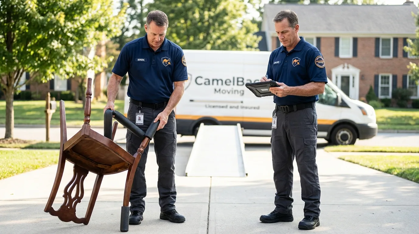 Movers inspecting furniture for damage prevention before loading in Sykesville, PA