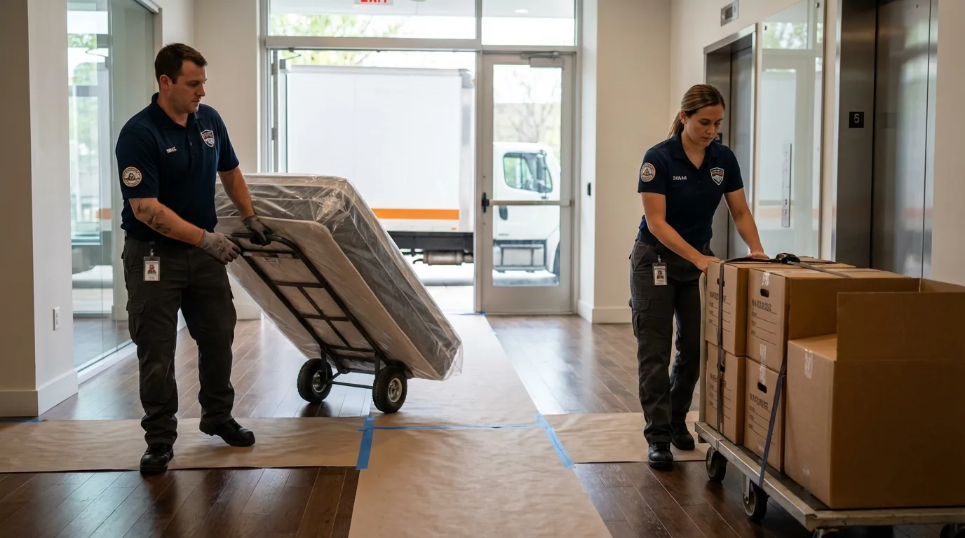 Professional apartment movers loading elevator in Sykesville, PA
