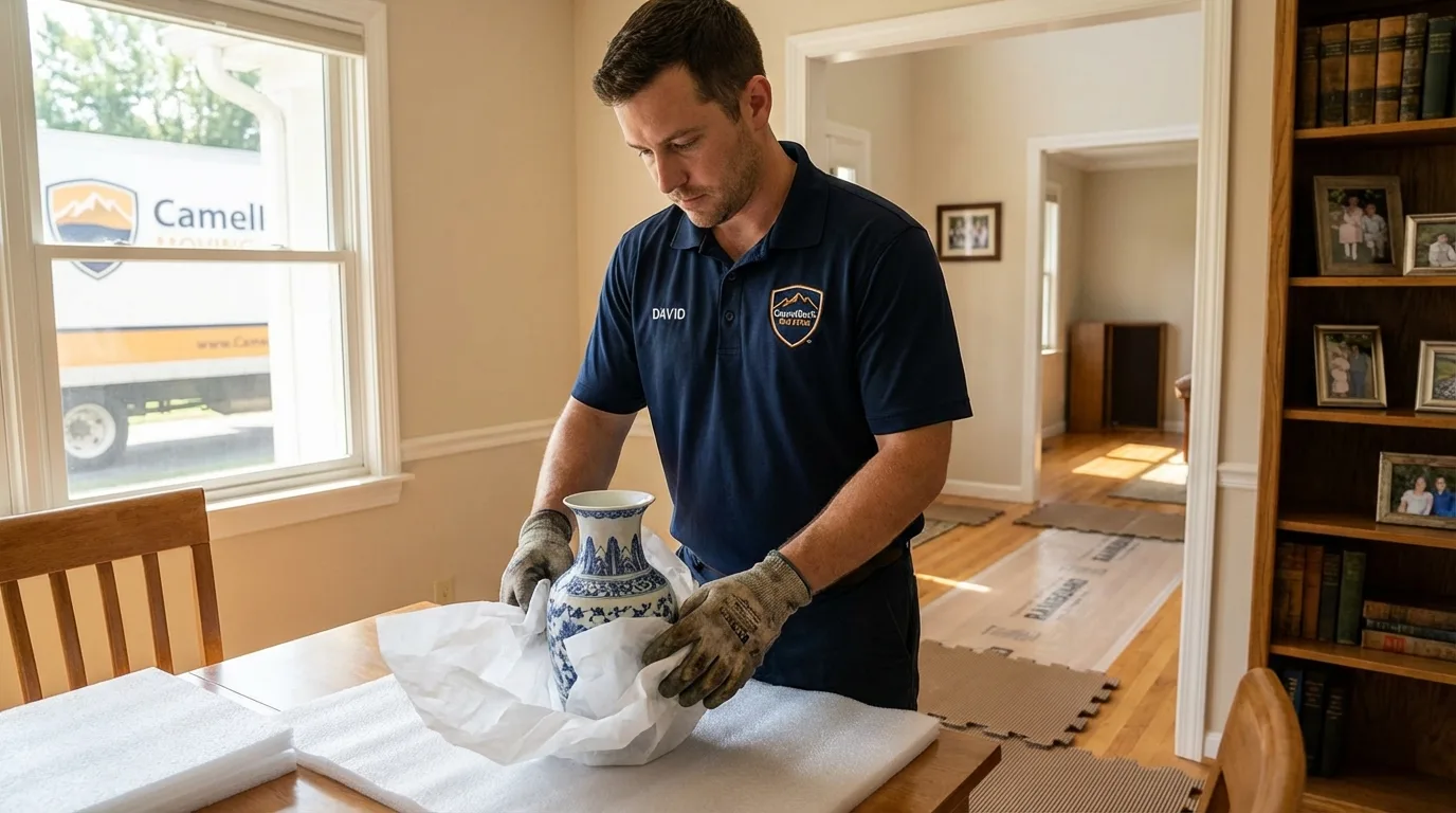 Professional crew carefully wrapping antique vase for senior downsizing move in Sykesville, PA
